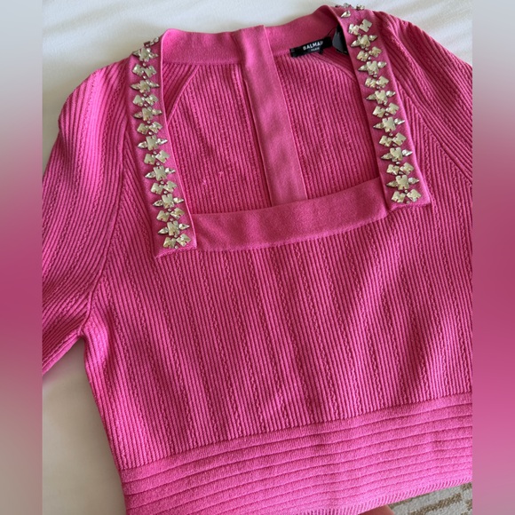 Balmain crystal-embellished ribbed stretch-knit mini dress in pink❤️🔥size 46 - Picture 10 of 16